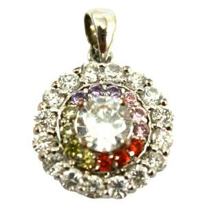 Brilliant Round Cut White CZ Pendant w/Pink Red Violet Yellow Accents Marked RSE